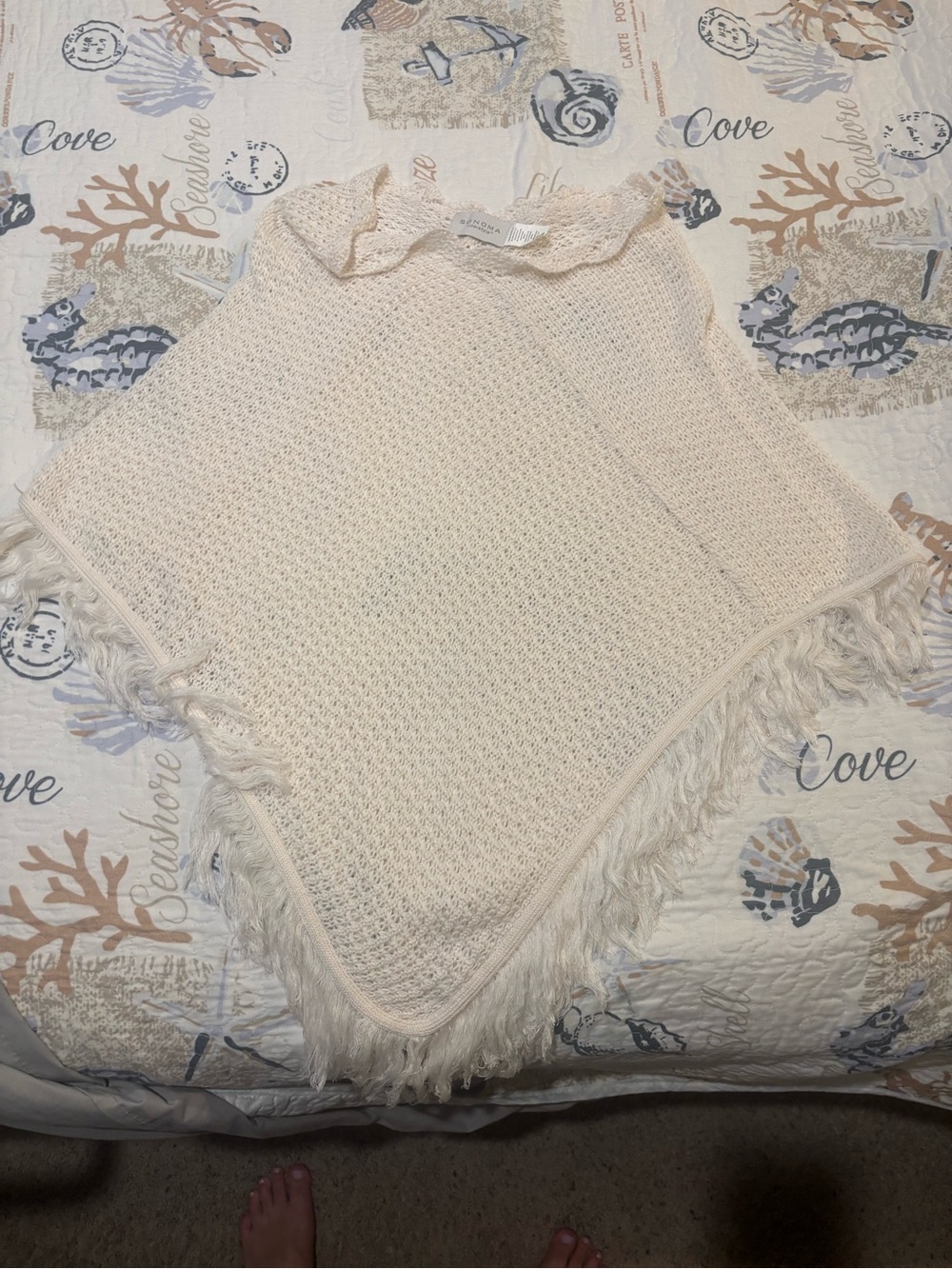 Sonoma Cream Fringe Knit Poncho with Scalloped Neck